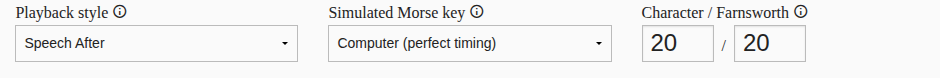 Screenshot of the Playback style menu, beside the simulated Morse key and the speeds